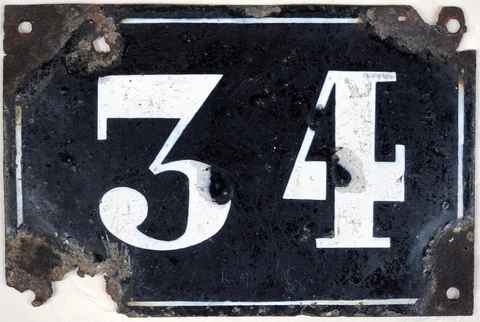 Large old black French house number 34 door gate plate plaque enamel metal sign Cover