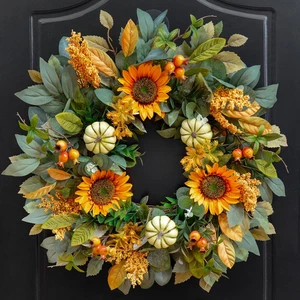 Fall Wreath for Front Door 24 Inch Artificial Sunflower and Pumpkin Fall Wreath - Foto 1 di 6
