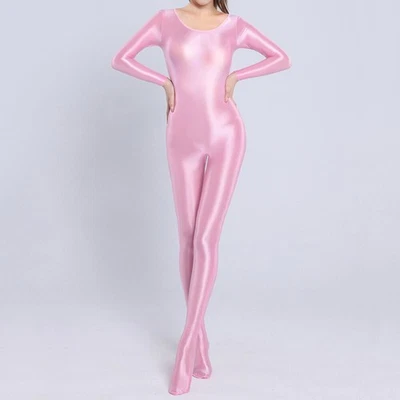 Women's Oil Shiny Glossy Full Bodystocking High Elastic Bodysuit Footed Jumpsuit - Image 1 of 2