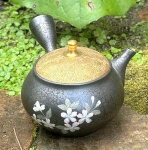 Tokoname Pottery Japanese Teapot Tenmoku glaze Gold lid Sakura Kyusu 240ml Japan - Picture 1 of 10
