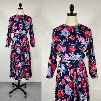 Vintage 80s Orvis Blue Floral Fit Flare Midi Dress Long Sleeve Modest Tradwife S - Image 1 of 4