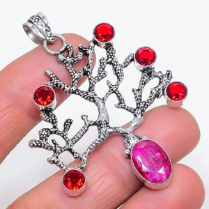 Ruby(Simulated), Garnet 925 Sterling Silver Jewelry Pendant 2.52" Gift K452 - Picture 1 of 5