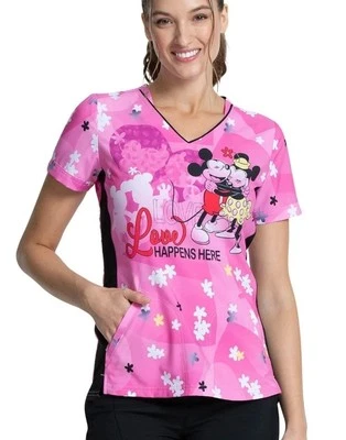 Mickey & Minnie Mouse Tooniforms Licensed Disney V Neck Scrub Top with Pockets S - Image 1 of 4