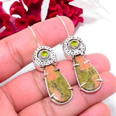 Natural Unakite & Peridot Handmade 925 Sterling Silver Earring 2.15" E83529 - Image 1 of 4
