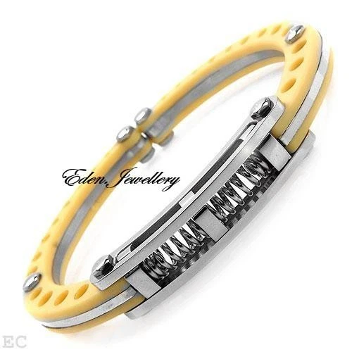 Pulsera de hombre de diseño brillante de acero inoxidable amarilla de goma dura tarjeta de garantía Foto 1 de 1