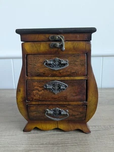 Vintage Art Nouveau Style Wood Jewellery Trinket Box With 3 Drawers & Mirror - Picture 1 of 18