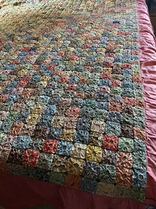 Vintage Yo-Yo Quilt 54"x 79" with pink edging VTG Original Hand Stitched - Picture 1 of 23