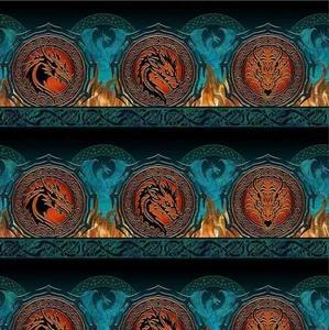 In The Beginning - Dragons Emerald Reign - Border Stripe - Multi, Fabric BTY - Picture 1 of 4