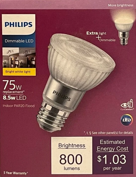 PHILIPS 75-Watt PAR20 Dimmable Bright White LED Flood Light - Image 1 of 1