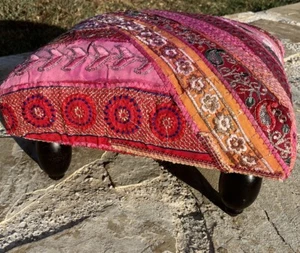 Embroidered Patchwork Bohemian Style Foot Stool /Ottoman Pink Red Metallic - Picture 1 of 10