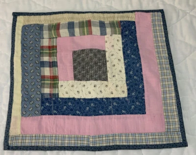 Vintage Patchwork Quilt Table Topper, Log Cabin, Floral Calicos, Checks, Blue - Image 1 of 4