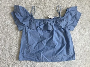 H&M Girl Off The Shoulder Top Shirt Sz 14+ Blue Ruffle Sleeve  - Picture 1 of 4