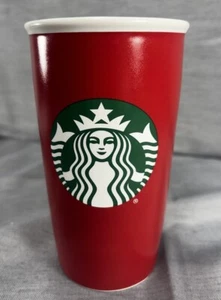 Starbucks Ceramic Red Travel Mug Tumbler Lid Coffee Cup Red Green 12oz - Picture 1 of 7