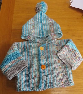 Baby/ toddler hand knitted hooded jacket. Turquoise/ grey stripe. 19 inch chest. - Picture 1 of 5