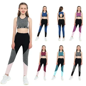 Kids Workout Running Sports Suit Midriff-Baring Tops+Tight Pants Yoga Tracksuit - Picture 1 of 20