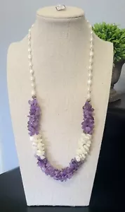 Handmade Amethyst Stone Quartz & Freshwater Pearl Stranded Statement Necklace... - Picture 1 of 6