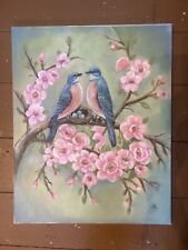 Folk Art primitive Blue  birds and blossoms oil painting Shabby Signed