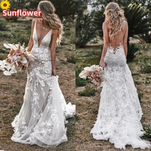 Mermaid Wedding Dress V Neck Backless Lace Appliques 3D Flowers Bridal Gowns - Picture 1 of 10