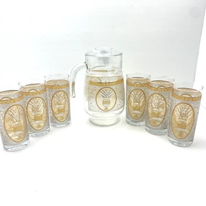 Alpine Cuisine Glass Pitcher & 6 Glasses MCM Gold Wheat - Picture 1 of 15