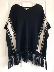 Poncho Autunno Cashmere Donna XS Nero Beige Righe Puro Cashmere Frange Boho - Foto 1 di 7