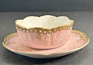 Antike rosa Moriage Perlen Suppe/Gewürzschale & Untertasse-Japan #6021-gold vergoldet - Bild 1 von 11
