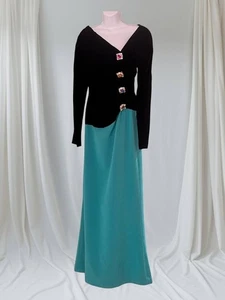 OSCAR DE LA RENTA - 80er Jahre türkisblau Seide schwarz und Samt Abendkleid - Bild 1 von 6