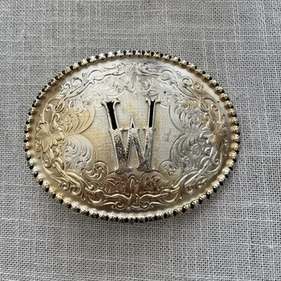 Montana Silversmiths Letter W Silver Gold Flowers Stud Edge Great Vintage Shape - Image 1 of 2