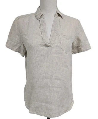 J. Crew V-Neck Popover 100% Linen Short Sleeve Shirt Neutral Tan Women’s Sz XSP - Image 1 of 4