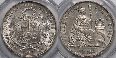Moneda Mundial Plata Tipo I aUnc Calificada PCGS Perú 1867/57-Y.B Sol Sobreactualizada Foto 1 de 2