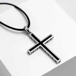 Necklace Black Chain Crucifix Cross Jewellery Pendant Silver Men Women - Picture 1 of 12