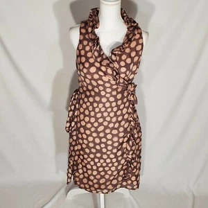 Loft Sz 6 Brown w/Tan Dots Wrap Dress Sleevles with Ruffle Accents Around Neck - Picture 1 of 6