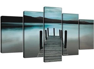 Extra großer türkisfarbener Steg Seenplatte - Landschaft Leinwand geteilt 5-teilig - Bild 1 von 5
