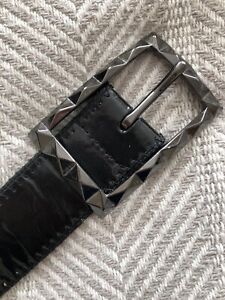 Ninewest XL Black Belt Stud Rectangle Buckle Leather w/Patent Faux Leather EUC