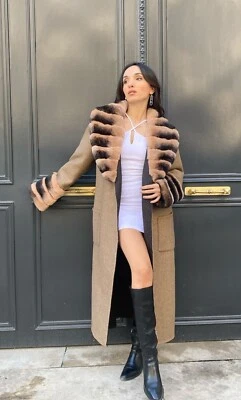 100% Alpaca Women's Winter Coat Rex Rabbit Fur Long Overcoat Soft Stylish Camel - Image 1 of 4