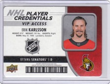 18/19 2018/19 MVP Hockey NHL Player Credentials VIP #EK Erik Karlsson Senators