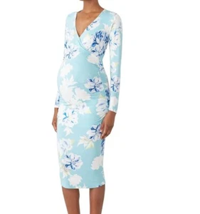Yumi Kim Floral Maternity 5th Ave Dress L Wanderlust Jade Sky Blue Ruched Midi - Foto 1 di 11