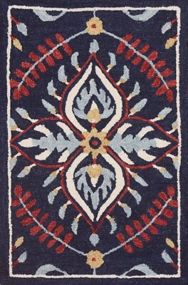 Traditional Style Floral Navy Blue Sarouk Hand-Tufted Wool Rug 2x3 3x5 5x7 6x9 - Image 1 of 4