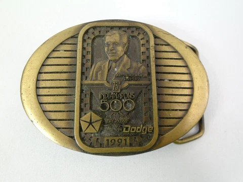 1991 Indianapolis 500 Bronze Belt Buckle Tony Hulman Jr. & Dodge Pit Badge Logo Cover