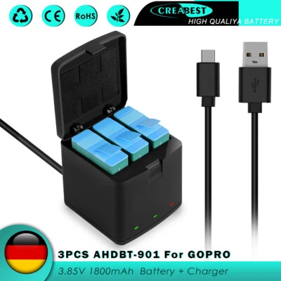 CREABEST 3× AHDBT-901 Akku & USB Ladegerät Für GoPro Hero 9 Black ADBAT-001 1800mAh 3.85V