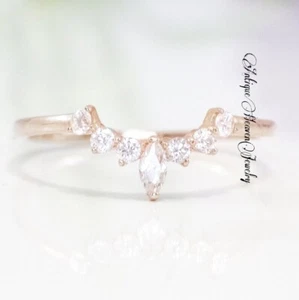 Lab Created Curved Wedding Band Women Rose Gold Marquise Cut Diamond Moissanite - Picture 1 of 3