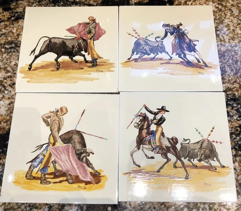 ANTIQUE BULL FIGHTER ART NOUVEAU POTTERY TILE RICHARDS ENGLAND 6x6 Set Of 4 Cover