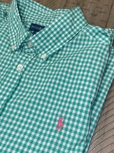 Ralph Lauren Boys Shirt XL 18/20 Button Down Short Sleeve Green Check Pink Pony - Picture 1 of 9