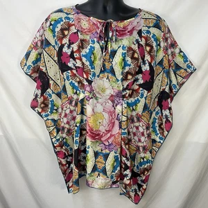 JOHNNY WAS SILK FLORAL CAFTAN PONCHO TUNIC M ARTSY BOHO RESORT TIE NECK - Picture 1 of 8
