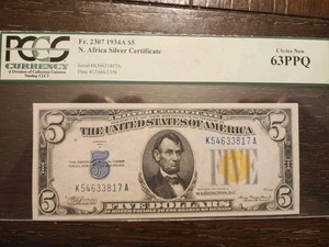 1934 A $5 North Africa WWII Emergency Issue  Fr.2307 PCGS Gem 63 PPQ Silver Cert - Picture 1 of 2