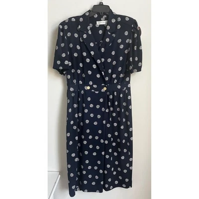 VTG Liz Claiborne Petite Dress Size 12 Navy Blue White Spiral Print Career - Image 1 of 4