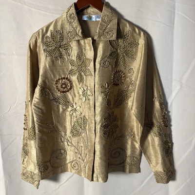 Sandy Starkman Gold Embroidered Beaded Jacket Womens Floral Silk Sz PS Boho Rare - Image 1 of 4