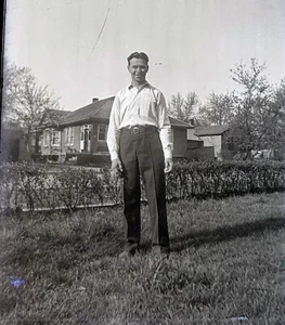 Antique Glass Negative Handsome Man House Bushes 5 x 4 in C1912 - Picture 1 of 3