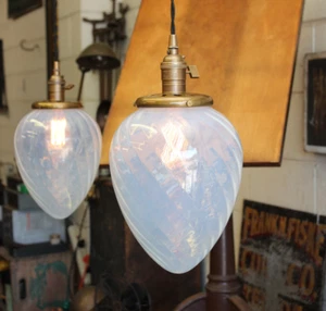 x2 Vtg 13” French XL Pearlescent Swirl Glass White Pendant Lamp Light Industrial - Picture 1 of 9