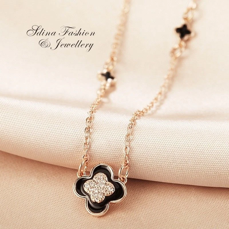 18K Rose Gold Filled Simulated Agate Cubic Zirconia Black 4 Leaf Clover Necklace - Image 1 of 4