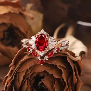 Exquisite Oval Cut Lab Created Ruby Rose Gold Plated on Silver Art Deco Ring Set - Picture 1 of 7